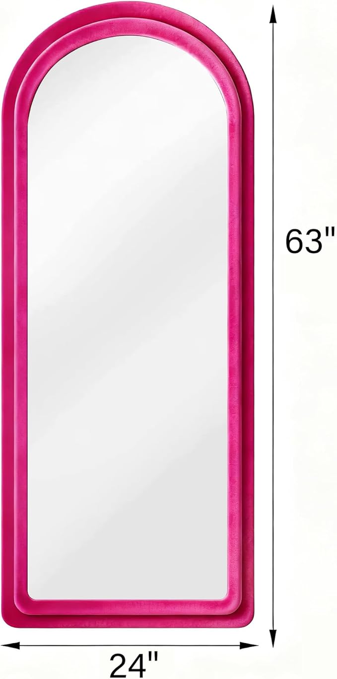 Full Length Mirror, Floor Mirror with Stand, 63"x24" Freestanding Arched Mirror Full Length Hanging or Leaning, Wall Mounted Mirrors with Flannel Frame, Large Mirrors for Bedroom (Rose Red)