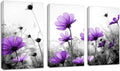 Flowers Wall Art Canvas Pictures Purple Wildflowers Black and White Background 3 Piece Canvas Art Blossom Contemporary Artwork for Home Decoration Office Kitchen Wall Decor 16"x 24" x 3 Panels