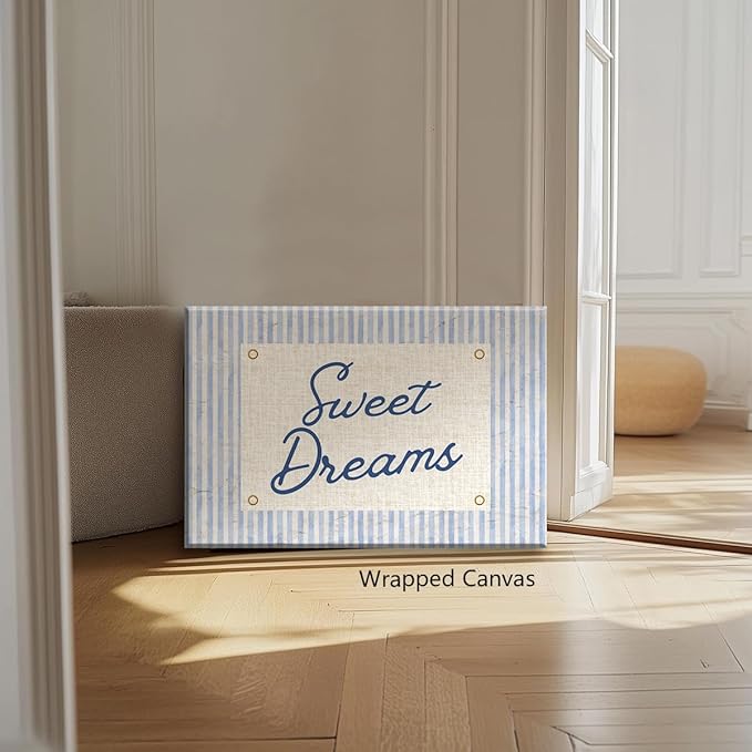 Sweet Dreams Canvas Wall Art, Navy Blue Stripes Positive Quote Poster, Sweety Daily Reminder Above Bed Wall Decor, Modern Inspiring Uplifting Typography Print for Bedroom 8x12in Wrapped Canvas