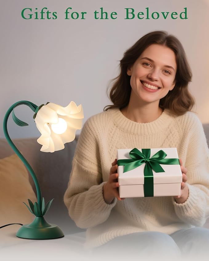 Flower Table Lamp, Cute LED Reading Bedside Night Light, 3 Color Modes Vintage Desk Lamp, Kawaii Aesthetic Decor for Dorm Bedroom Living Room (Dark Green)