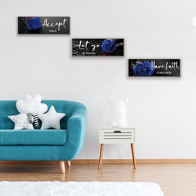 ZINYAZHE 3 Pcs Blue Wall Decor Inspirational Blue Rose Bathroom Wooden Wall Art Office Decor With Accept Let Go Have Faith Quotes For Girl Women Bathroom Bedroom(16 X 5Inch)