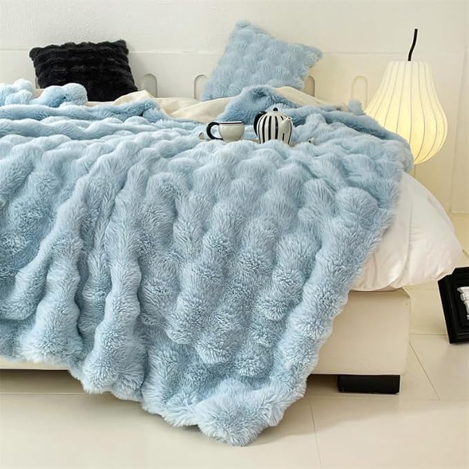 H&D Faux Fur Throw Blanket for Couch,Fluffy Cozy Soft Plush Luxury Thick Fuzzy Fleece Blanket for Couch Bed Sofa Bedroom Living Room,Comfy Bubble Blanket(Light Blue, Queen (80"x90"))