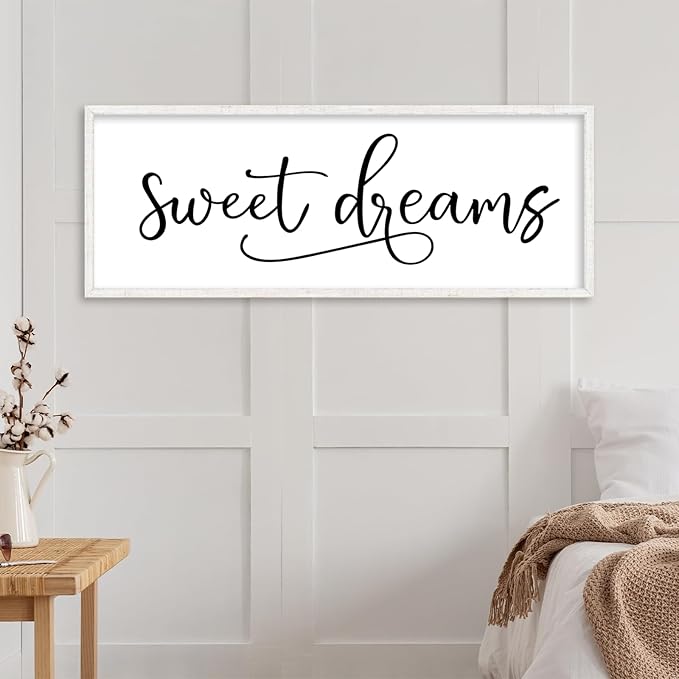 YWJKWLGS Sweet Dreams Wall Decor Sign 40x15 Inch Handwritten Art for Bedroom & Kids Room 40x15 Inch Above Over Bed Rustic Modern Farmhouse Large Wooden Framed Wall Hanging Art (White)