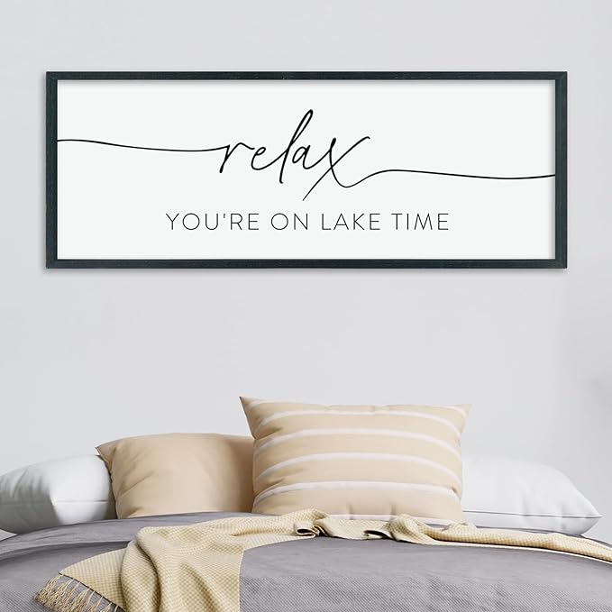 LuZhiQiang Home Wall Decor Relax You're On Lake Time Sign 40"×15" Living Room Minimalist Plaque for Lake House Bedroom Large Wood Framed Hanging Wall Art (Black)