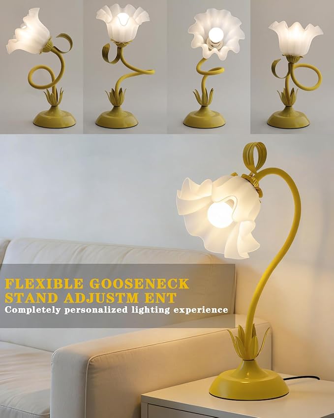 Flower Table Lamp, LED Reading Light Vintage Bedside Table Lamp with 3 Color Modes for Nightstand, Kawaii Decoration for Home Bedroom Living Room (Yellow)