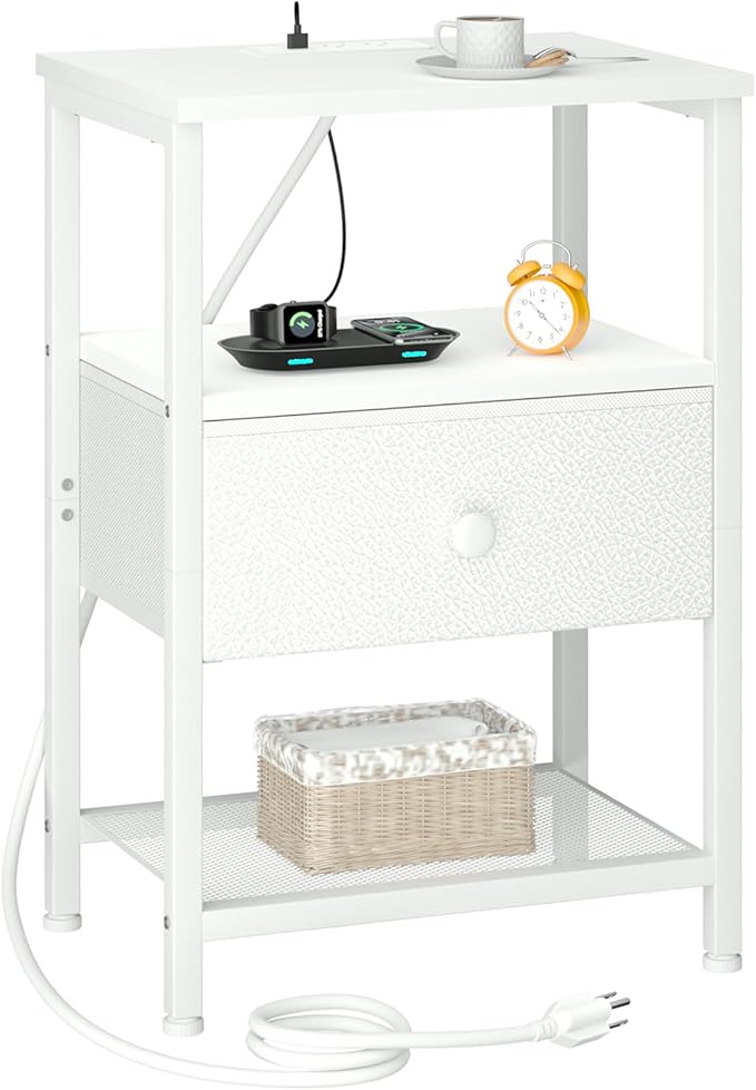 White Nightstand with Charging Station, End Table with Fabric Drawer, Night Stand for Bedroom, Small Bed Side Table with USB Ports and Outlets for Living Room, HETS010WT-1