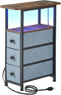 Narrow End Table with Charging Station, Narrow Side Table with Drawer, Small Nightstand with LED Light, Skinny Nightstand, Small Bedside Table for Living Room, Grey