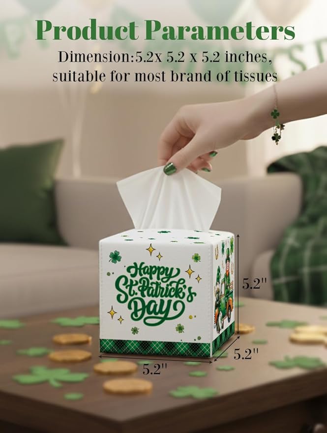 St.Patrick's Day Napkin Tissue Box Cover, Shamrocks Lucky Truck Waterproof Leather Paper Organizer Dispenser for Table Dining, Bathroom, Nightstand Vanity, Car, Housewarming Gift Ideas, H