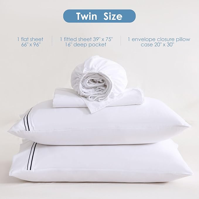 JSD White Twin Sheet Set with Side Pocket Corner Straps, 3 Piece Soft Kids Microfiber Bed Sheets Extra Deep Pocket
