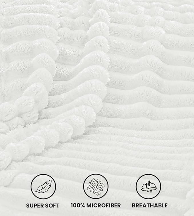 Utopia Bedding Off White Striped Fleece Blanket Queen Size – Fluffy, Warm & Lightweight Ribbed Throw for Bed, Sofa & Chair - Soft Cozy Blanket for Home Décor & Gifting (90x90 Inches)