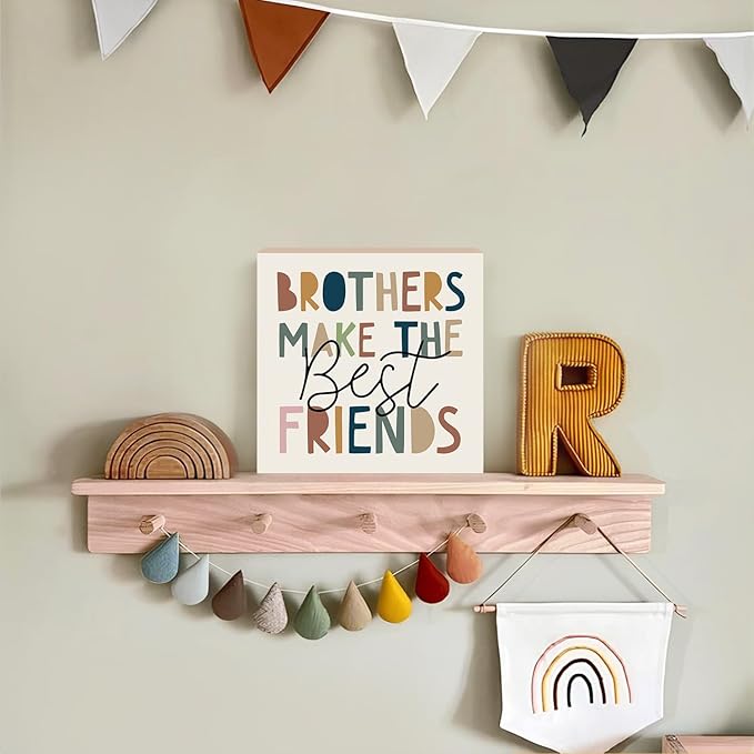 Lacama Boho Boy Nursery Wooden Box Sign, Brothers Make the Best Friends Decorations Wood Block Signs, Boho Nursery Wood Sign for Toddler Boys Room Bedroom Desk Shelf Wall Decor 5x5 Inches