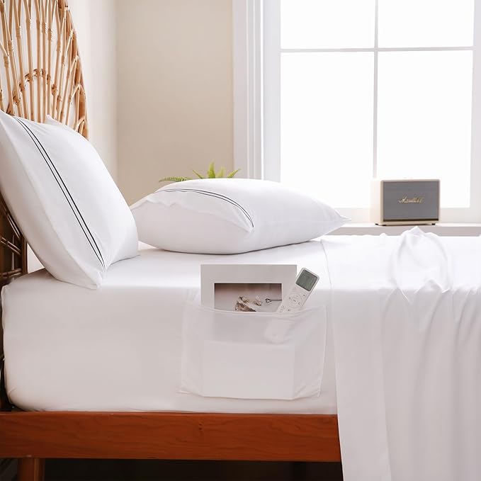 JSD White Full Sheet Set with Side Pocket Corner Straps, 4 Piece Soft Microfiber Bed Sheets Extra Deep Pocket