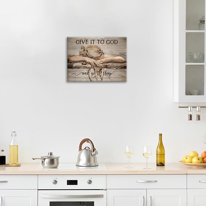 Farmhouse Wall Decor for Bedroom Give It to God and Go to Sleep Sign Pictures Rustic Above Bed Wall Art Christian Girl Sleep Painting Country Bible Verse Canvas Framed Print Artwork 20"x16"