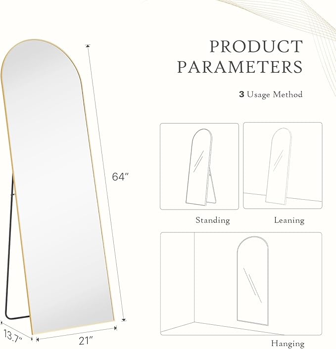 NEWBULIG Arched Full Length Mirror 64.2"x 21" for Bedroom, Full Body Mirror with Stand, Hanging or Leaning for Wall, Aluminum Alloy Thin Frame Floor Standing for Living Room, Long, Gold