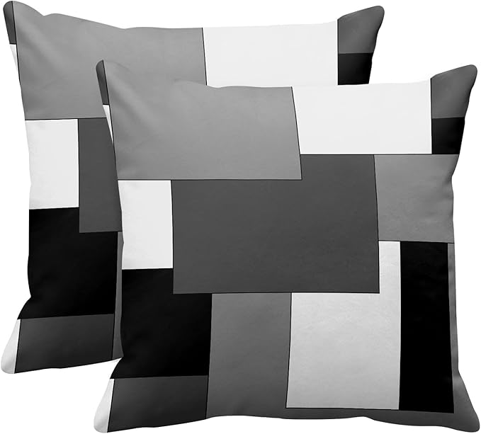 Emvency Set of 2 Grey Geometric Throw Pillow Cover Black Gray White Painting Abstract Checkered Design Decorative Pillow Case Modern Home Decor Standard Square 16x16 Inch Cushion Pillowcase