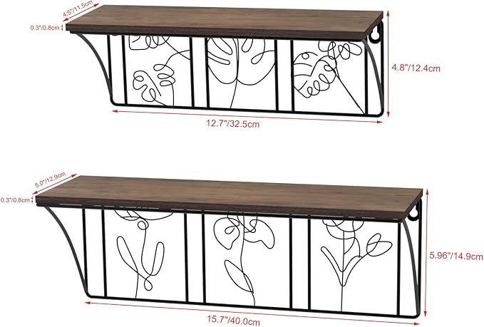 QUTREY Plant Wall Art Floating Shelves Set of 2, Minimalist Metal Abstract Decor Rustic Wooden Shelf for Living Room, Bedroom, Bathroom