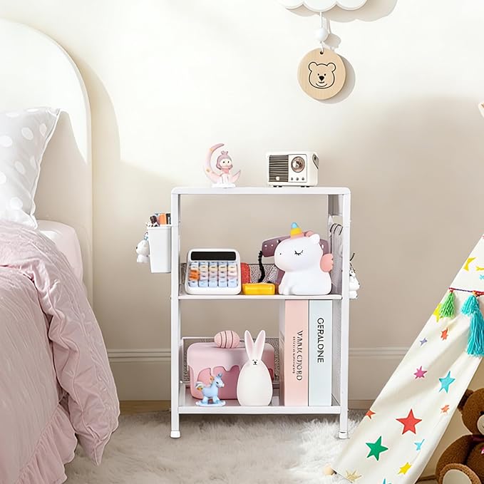 White Small Nightstand, Kids Nightstand for Bedroom, End Table with Hooks and Holder, Toddler Bedside Table for Girls, Desk Organizer for Office, Dorm (White)