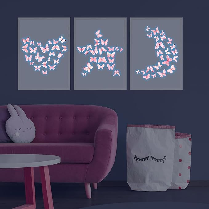 Glow in The Dark Pink Butterfly Wall Decals，Glowing Luminous Watercolor Butterfly Wall Stickers Removable self-Adhesive Butterfly Decals for Girls Bedroom Kids Baby Nursery Living Room Decor