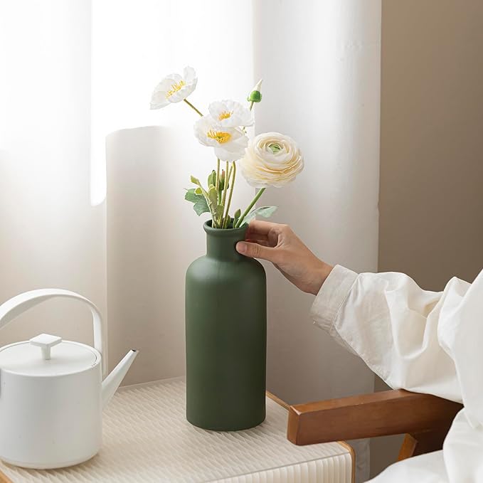 Green Ceramic Vase for Flowers, Modern Decorative, 10 Inch Tall, 4 Inch Width, Farmhouse Style Home Decor for Pampas Grass, Living Room, Dining Table, Office Decor, Kitchen Shelf (Mattte Green)