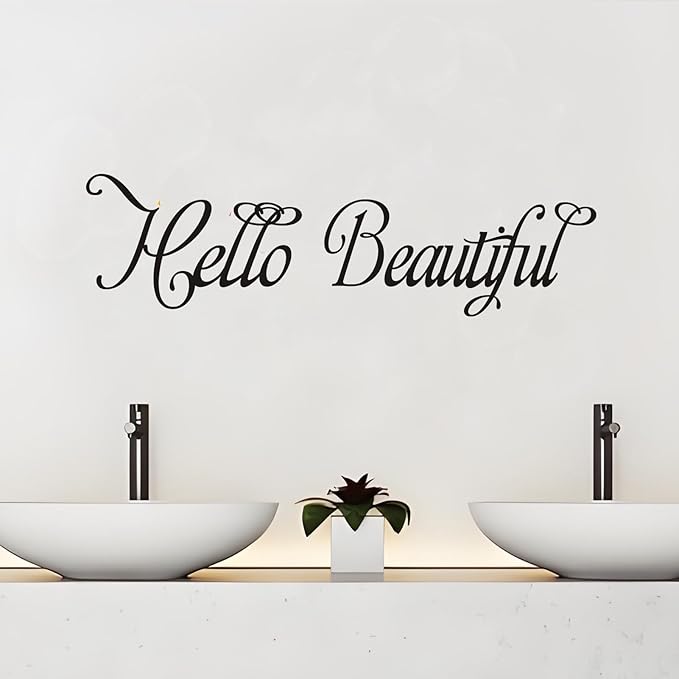 Inspirational Quotes Wall Decals for Bathroom: Mirror Women Beauty Makeup Positive Vinyl Art Wall Stickers - Bedroom Girls Room Spa Wall Decor - Hello Beautiful 35" X 9.8"