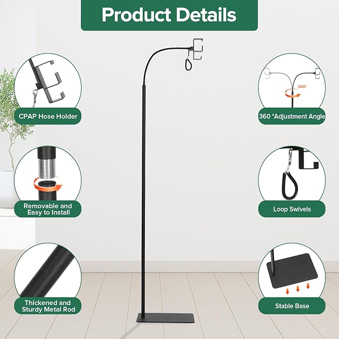 CPAP Hose Holder for Bedside -All-Metal Stand with Aluminum Hook |NoWall Drilling | Fits ResMed/Philips/AirSense Tubing | Helps Keep Hose Clean &Tangle-Free