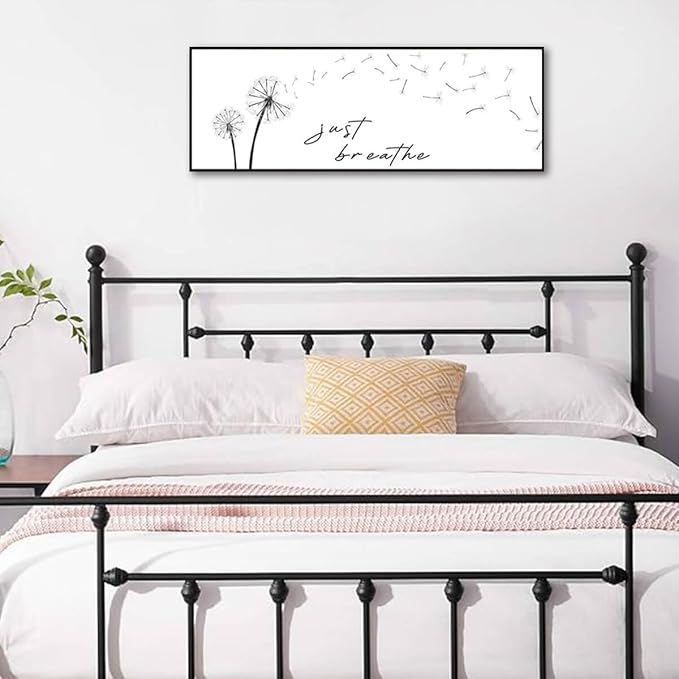 Just Breathe Wall Art - Black and White Pictures for Wall Decor Canvas Art Dandelion Minimalist Wall Art for Bedroom Decor for Women Aesthetic Inhale Exhale Wall Art (Black Wooden Frame) 43x15inch
