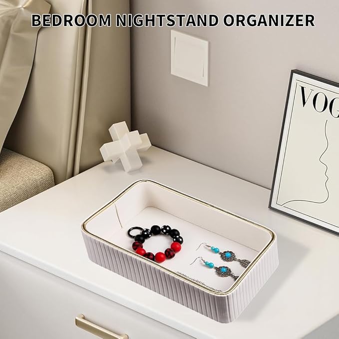 Beebeecraft Imitation Leather Desk Organizer Tray Floral White Small Nightstand Organizer Bedside Desktop Storage for Women Men Perfume Trinket Catchall Vanity Tray for Key Watch Wallet