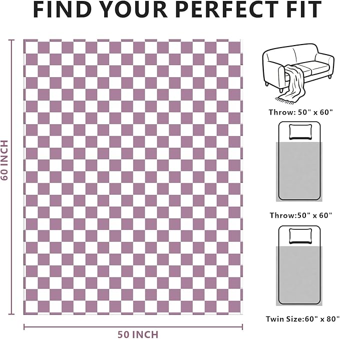 Checkered Blanket Flannel Throw Blankets Soft Cozy Checkered Grid Print Chessboard Gingham Pattern Throws for Bed Sofa Couch for All Seasons, 50x60 Inch, Purple