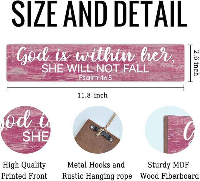 AGMDESIGN God is Within Her She Will Not Fall Wooden Sign, Women's Faith Decor for Wall, Christian Jesus Hanging Wooden Plaque for Home Farmhouse Prayer Room, Inspirational Gifts for Christian Sisters