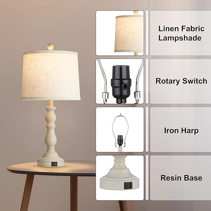 Farmhouse Side Table Lamps for Living Room Set of 2 with USB C+A Ports, Bedside Lamp for Bedroom, Dining Room Decor, Office, End Table, Knob Switch, 3 Color Temperatures, Bulb Included, Beige