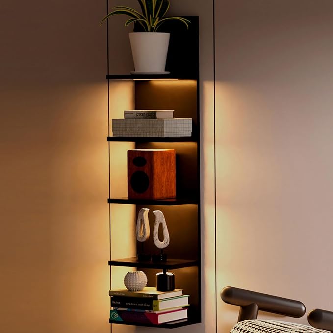 Homaterial 5 Tier Wall Shelf Unit, Black Modern Vertical Lack Wall Shelves with Light, Wall Mount, Floating Column Home Decor Shelves for Bedroom, Living Room, Vanity Storage Display
