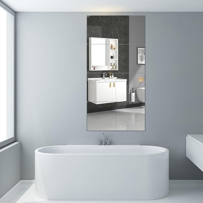 HD Glass Full Length Wall Mirror Tiles - Set of 4, 8'' x 8'' - Frameless, Ideal for Bedroom, Home Gym, Bathroom - Versatile Wall Decor and Over Door Mirrors with Toddler Mirror Stickers
