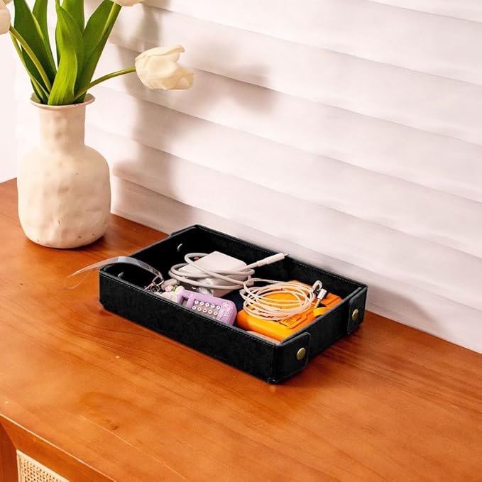 Black PU Leather Jewelry Valet Tray Foldable Leather Necklace Storage Case Portable Catchall Travel Dish Plate Pendant Organizer Holder Container for Men Women Desk Bedside Drawers