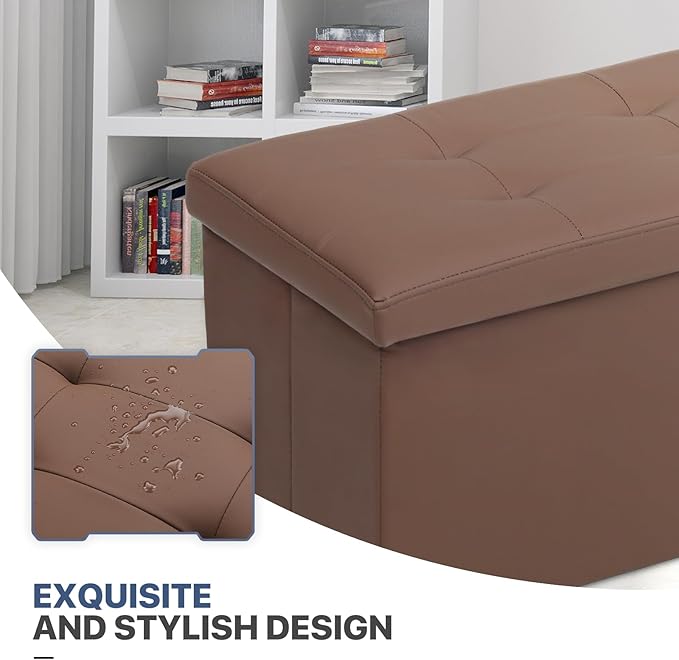 MoNiBloom 43 Inch Storage Ottoman Bench, 34 Gal. Folding Ottoman Footrest, End of Bed Bench, Rectangle Foot Stool, Supports 600 lbs, for Bedroom, Living Room, Entryway, Hallway, Brown
