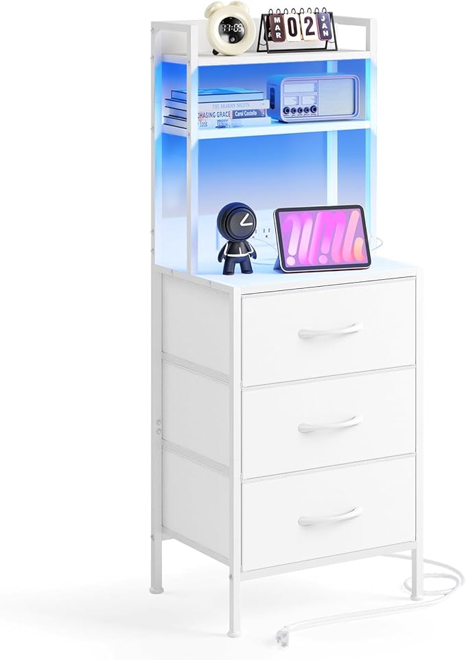 Fixwal Tall Nightstand with Charging Station, 41 Inch Led Night Stand with U-S-B Port & Socket, 3 PU Finished Fabric Storage Drawers, Office, Bed Side Table & Bookshelf in One, White