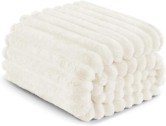 Exclusivo Mezcla California King Size Flannel Fleece Blanket, Super Soft Striped Jacquard Bed Oversized Blanket, Lightweight Fuzzy Cozy for All Seasons, 120x120 Inches, Ivory