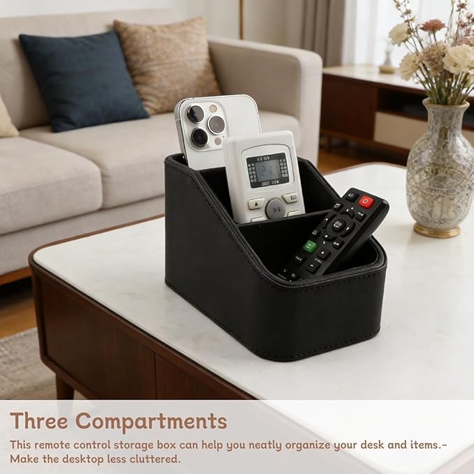 PU Leather Remote Control Holder, Small TV Remote Holder with 3 Compartments, Bedside Table Desktop Organizer for DVD, Media Player, Heater Controllers, Cosmetics, Office Supplies(COLOR:Black)