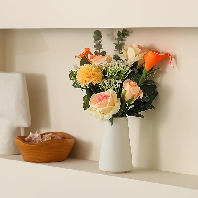 Fake Flowers with a Ceramic Vase, Fake Flower Bouquet in vase, Floral Decor Flower Arrangements for Home Office Farmhouse Bathroom Dining Table Centerpiece Decorations Coffee Table(Champagne)