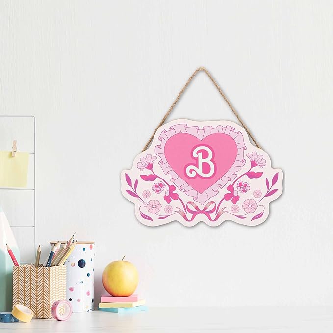 Mattel Barbie Pink Floral Heart Hanging Wood Wall Decor - Nostalgic Barbie Sign with B Monogram and Ruffle Trim