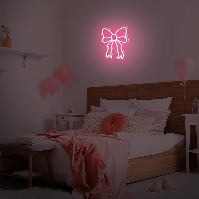 Retisee Pink Bow LED Neon Sign Bedroom Women Room Neon Light Sign Coquette Aesthetic Home Wall Preppy Dorm Beauty Room Salon Decor Party Bar Decoration Gift for Her 11.8x11.8in