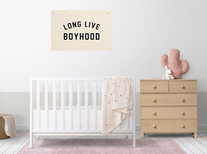 MINI ZOZI Long Live Boyhood Hanging Flag 20X30 Banners Black Canvas Wall Decor Art Sign Boys Room Boy Bedroom Banner Toddler Playroom Baby Kids Nursery Fabric Flags Tapestry