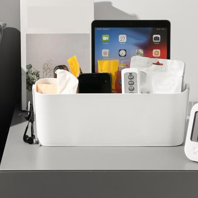 BFYDOAA Bedside Caddy Hanging Basket Organizer with Hooks,Plastic Tissue Box Desktop Storage Box for Dorm Bunk Beds Hospital Bed Office (White)