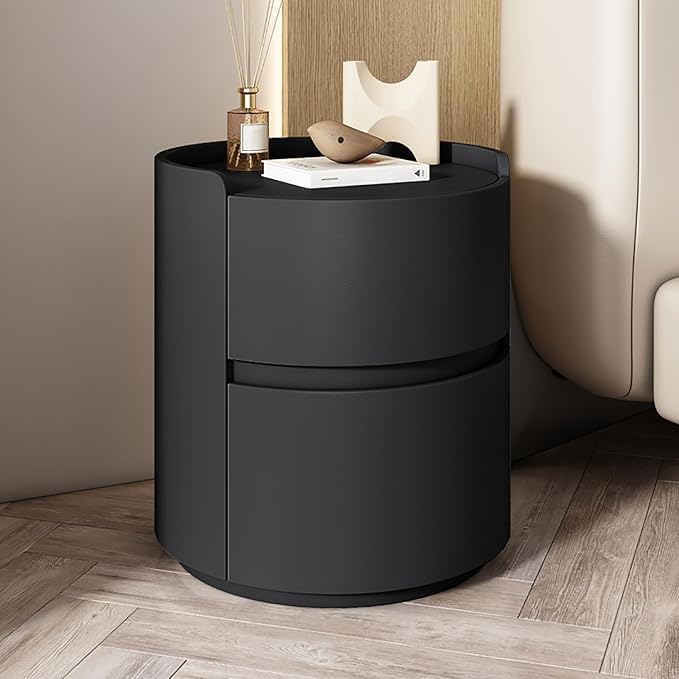 Round Nightstand,Bedside Table with 2 Solid Wood Storage Drawers,Modern Minimalist Bedroom Side Table,Leather Night Stands for Bedroom/Living Room,No Installation Required,End Table
