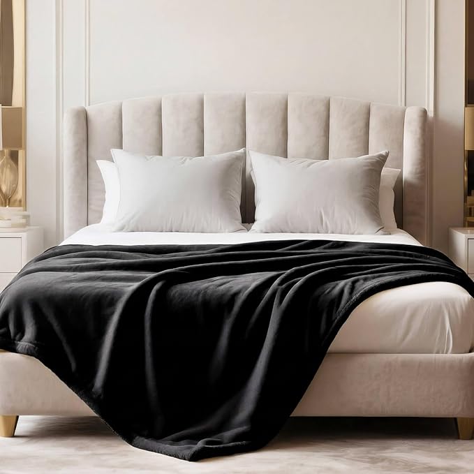 Plush Velvet Fleece Bed Blanket, Lightweight Queen Size Blanket, Soft Fuzzy Cozy Blanket for Couch (Black, Queen)