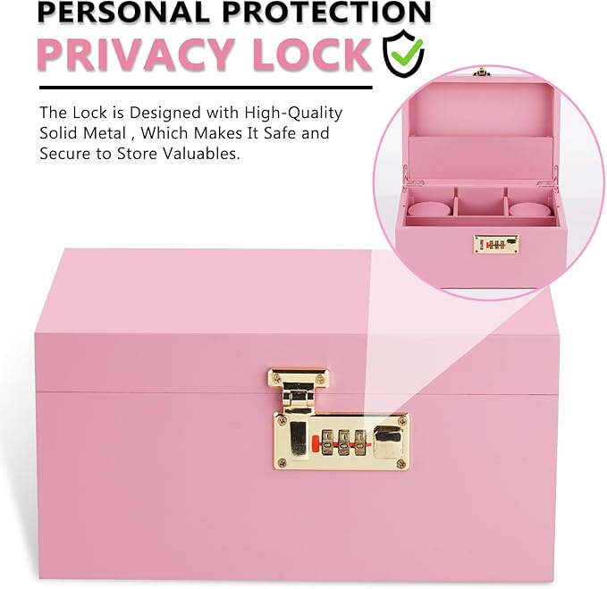 OZCHIN Large Bamboo Box with Combination Lock Decorative box for Home Great Gift Choice Storage Lockbox with Storage Jar, Gifts for Men Women (Pink, 10 x 6.9 x 5 inches)