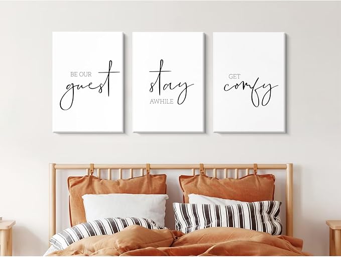Be Our Guest Wall Decor Guest Room Wall Art Decor Stay Awhile Signs for Home Decor Minimalist Wall Art over the Bed Sign Guest Bedroom Wall Decor Canvas Painting 12x16 Inch (set of 3) Ready to Hang