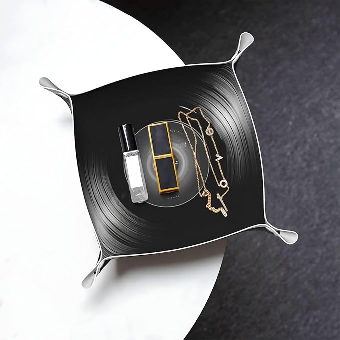 Single Black Vinyl Record Valet Tray Leather Desktop Storage Organizer Bedside For Keys Coin Candy Sundries
