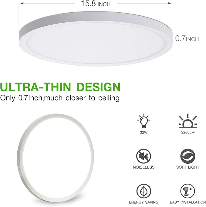 4Pack 15.8Inch LED Flush Mount Ceiling Light Fixture,32W 3200LM,Dimmable CCT 3000K/4000K/5000K,Round Flat Panel Light for Bedroom,0.7Inch Thin Modern Low Profile Ceiling Lights for Hallway,Kitchen
