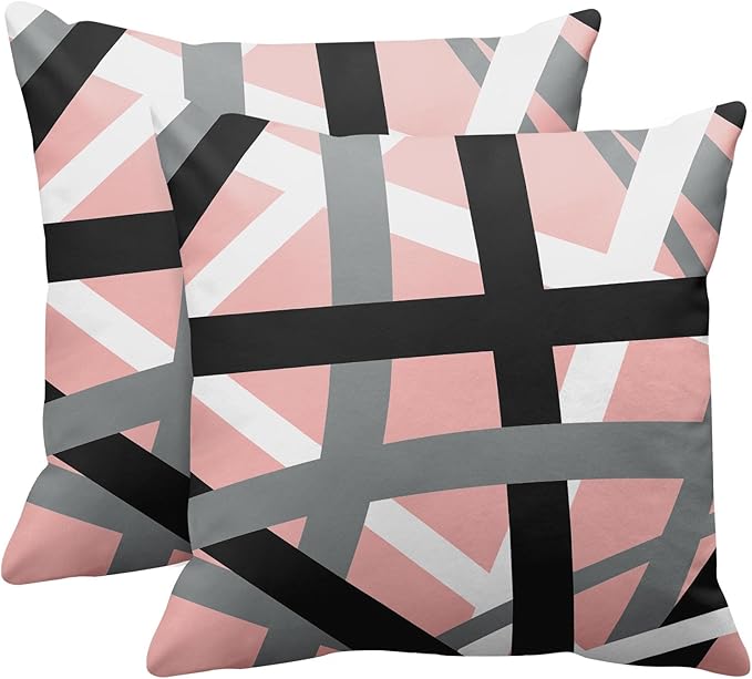 Emvency Set of 2 Throw Pillow Cover Soft Pink Black Stripes Grey White Design Retro Decorative Pillow Case Striped Home Decor Square 18x18 Inch Cushion Pillowcase
