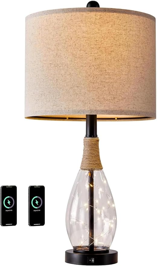 OYEARS Bedside Table Lamp with USB, 23‘’ Black Farmhouse Nightstand Lamps for Bedroom, Retro Rattan Table Lamps for Night Stands, Living Room, Farmhouse Table Lamp with Glass Nightlight Lamps
